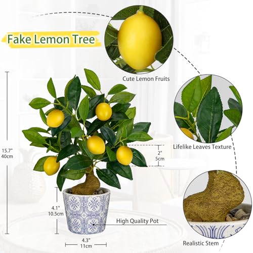Artificial Potted Plants, 15.7 inches Small Fake Lemon Tree Artificial Lemons Citrus Tree with Blue and White Pot Faux Potted Plants Indoor Lemon Decorations for Home, Office, Living Room Table, Desk - style: Modern