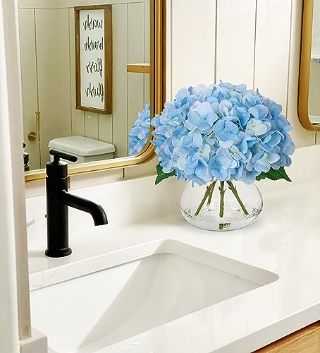 Hollyone Hydrangea Artificial Flowers with Vase Blue Silk Fake Flowers Arrangements in Glass Vase with Faux Water Faux Floral Bulk Bouquet for Home Decor Bathroom Table Centerpiece Shelf Decorations - color: Hydrangea, Blue