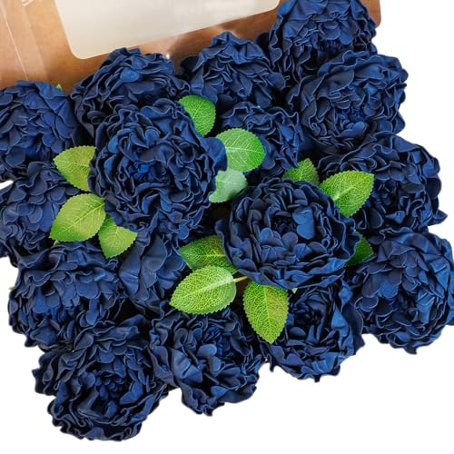 16pcs Navy Blue Artificial Peonies with Vintage Burnt Edge - Real Touch Foam Fake Peony Flowers with Stems & Leaves for DIY Wedding Bouquets, Centerpieces, Arch, Bridal Shower Decor - color: Navy Blue