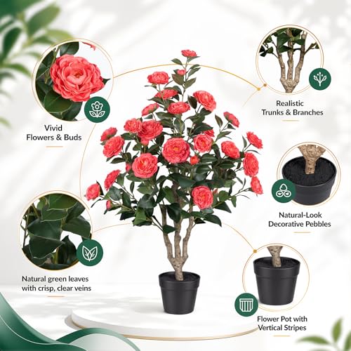 2 Pack 3FT Artificial Camellia Tree with Pink Flowers, UV Resistant Extra Lush Faux Potted Flowering Plant for Indoor Outdoor Front Porch Patio Home Office Decor, 36 Inch Tall Fake Tree - color: Camellia Tree Pink
