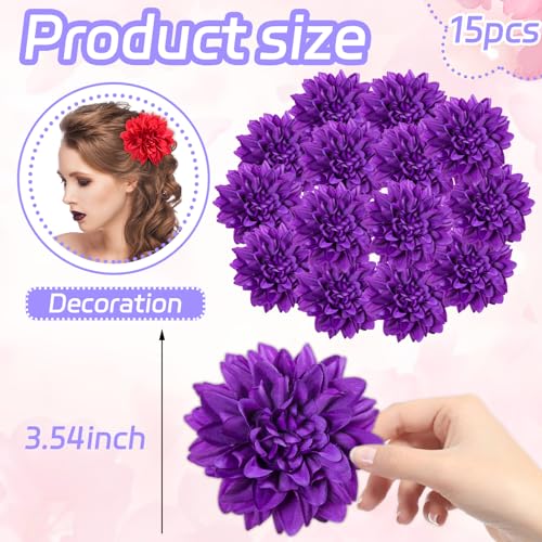 Purple Dahlias Artificial Flowers Bulk, 3.5 Inch Big Fake Dahlias Flowers Heads, 15 Pcs Artificial Silk Faux Flowers Heads for Floral Arrangements, Clothing Accessories, DIY Craft - color: Purple