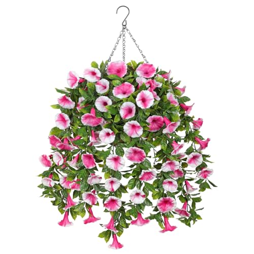 Artificial Morning Glory Flowers with Hanging Basket - Faux Morning Glory Vines UV Resistant Plastic Fake Flowers with Basket Plants for Home Porch Patio Balcony Garden Yard Spring Summer Decor, Pink - color: Pink, size: 23.6"