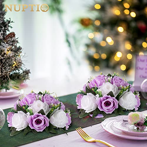NUPTIO Lilac White Flower Balls: Artificial Rose Centerpieces for Tables | 2 Pcs 9.5 inch Fake Floral Arrangement for Wedding Birthday Party Bridal Shower Decor - color: Lilac & White, size: 2 Pcs
