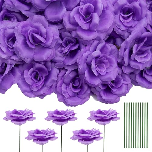 50 Pcs Rose Flower Head, Artificial Flowers Bulk for DIY Crafts, 3in Fake Rose Silk Flower Head wit Stem, Faux Flowers for Decoration, Wedding Home Party Decor Garland Decor (50, Deep Purple) - color: Deep Purple
