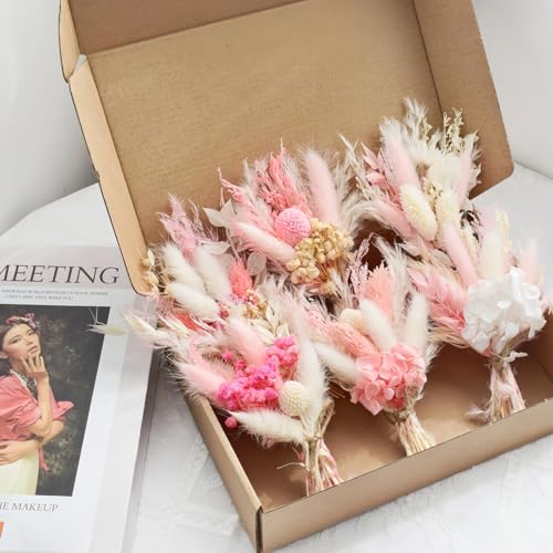6 Pack Dried Flower Bouquets,Pink Boho Series Natural Dry Flowers Combination with Stem,Boho Artificial Bundles for Wedding Table Centerpieces,Birthday Cake Table Vase Decor,Shooting Props (Pink)