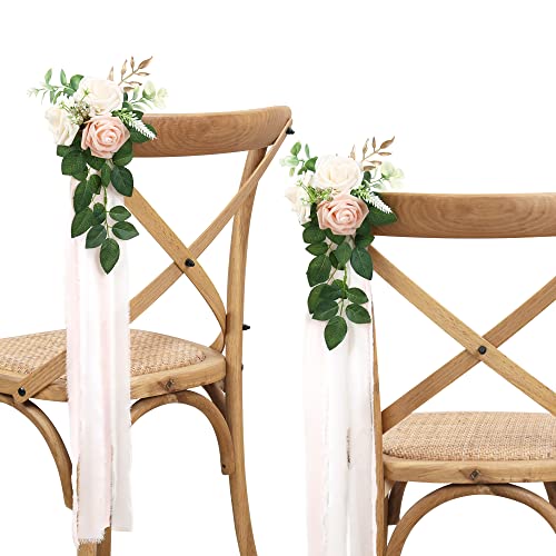 Wedding Aisle Decorations - Set of 10 Pew Flowers - Artificial Roses & Eucalyptus - Pink & Cream - 5.5" x 13" - Elegant Traditional Modern Style - Chair Flowers - color: Pink