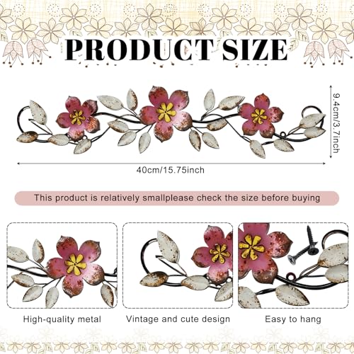 Wesiti Metal Flower Wall Decor Vintage Metal Flower Wrought Iron Scroll Sculpture 15.7''x3.7'' Not 3D, Flat Farmhouse Leaf Wall Decor with Nails for Summer Bedroom Kitchen Indoor Outdoor(Pink) - color: Pink