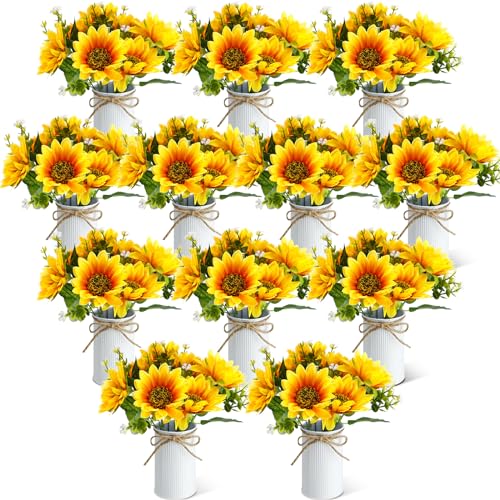 SiliFine 12 Sets Sunflowers Centerpieces for Tables Artificial Sunflower with Vase Rustic Yellow Fake Flower for Wedding Decor Spring Summer Picnic Centerpieces Home Kitchen Shelf Decor (White) - color: White