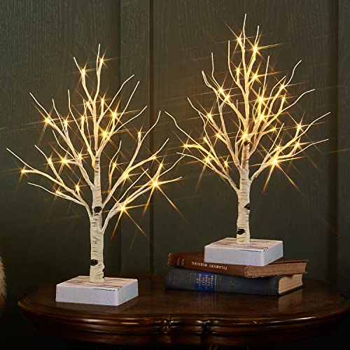 Fudios Lighted Birch Tree with Timer Battery Operated 18in Home Decor Tabletop, Pre lit Artificial Birch Trees with 24 LED for Wedding Christmas Party 2 Sets - color: Birch Tree 2 Sets