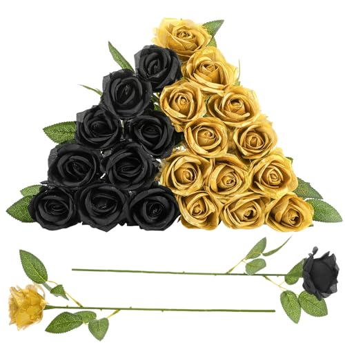 24 Pcs Black,Glod Rose Artificial Flowers with Long Stem Real Touch Silk Roses Bulk for Wedding, Party, Table Centerpieces Bouquet, Bridal, Home Decor - color: Glod,black