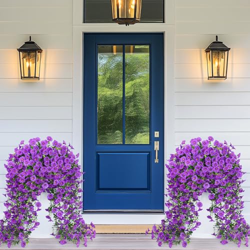 Artificial Flowers for Outdoors, Fake Hanging Flowers for Decoration, UV Resistant Artificial Outdoor Plants, 4 Pcs Artificial Petunias for Outdoors Garden Patio Porch Yard Decoration, Purple - color: Purple, size: 4 Pack