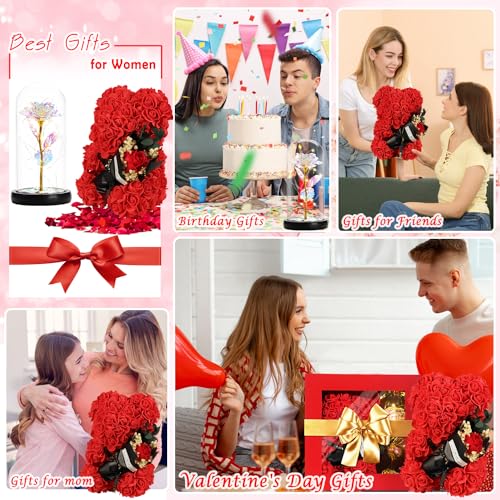 Mothers Day Rose Bear Gifts for Mom，Valentines Day Rose Gifts for Women Rose Bear for Wife + Romantic Greeting Card + Delicate Flower Lamp from Daughter & Son - color: Red