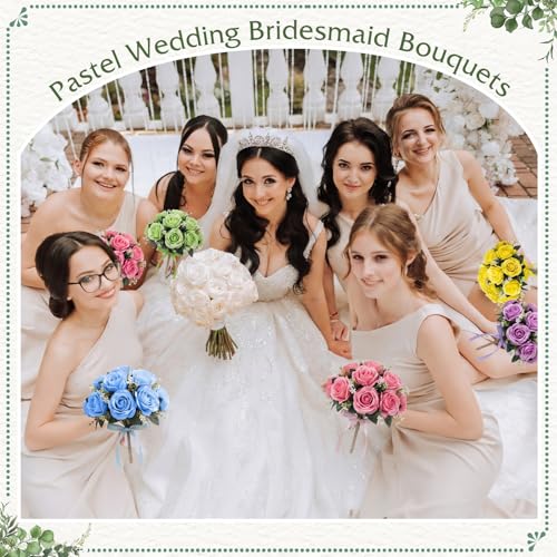 Canlierr 6 Pcs Pastel Bridesmaid Bouquet Set for Wedding, 7 Inch Pre Made Artificial Silk Rose Wedding Flowers, Bridal Party Bouquets for Ceremony, Reception, Bridal Shower, Table Centerpiece