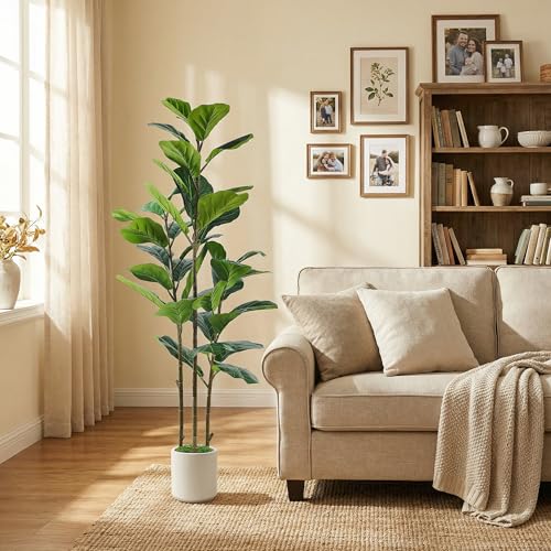 Alupssuc 5FT Artificial Fiddle Leaf Fig Tree with White Planter Pot, 5 feet Tall Fake Tree for Home Decor, Faux Ficus Tree Fake Moss for Indoor Outdoor Office Living Room - size: 5ft
