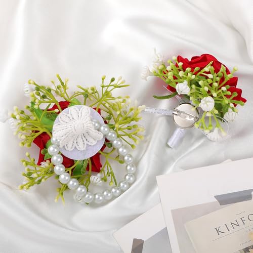 Tucnoeu 2pcs Artificial Red Rose Boutonniere and Corsage Set Corsage Wristlet Band for Prom Decor Wedding Party Flower Accessories - color: Rose Red