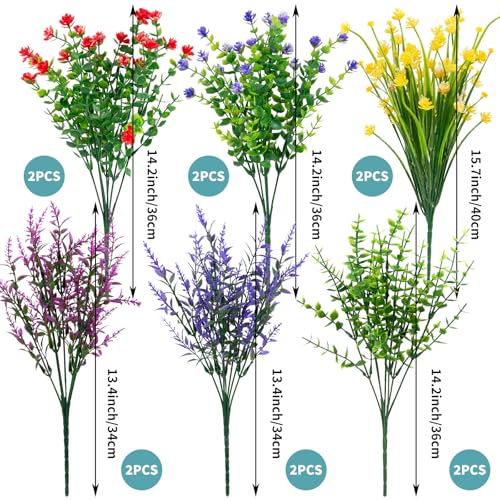 12 Bundles 6 Styles Artificial Flowers for Outdoors, Fake Grass with Plastic Flowers UV Resistant Faux Shrubs Greenery for Spring Summer Garden Patio Window Box (Camellia Lavender Eucalyptus) - color: Red&yellow&purple, size: 12PCS
