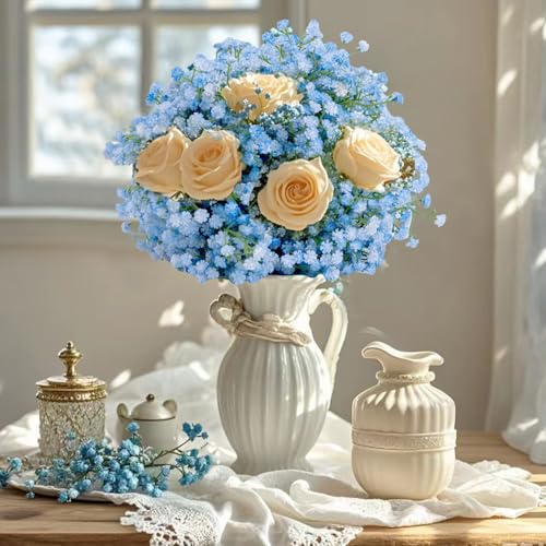 Babys Breath Artificial Flowers, 25Pcs Blue Baby Breath Flowers Artificial Bulk, Real Touch Faux Babys Breath, Fake Babies Breath Gypsophila for Wedding Floral Arrangement Party Home Decor