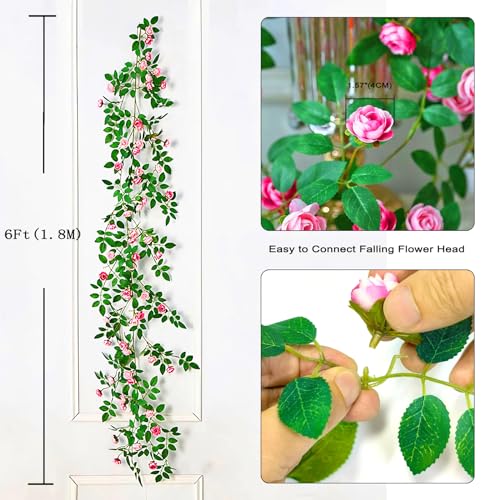 6FT Bendable Pink Rose Flower Garland, Artificial Silk Wild Roses Vine Leaves Hanging Flowers for Wall Fireplace Fence Trellis Wedding Baby Shower Room Home Spring Summer Decor(1PC) - color: Pink, size: 1