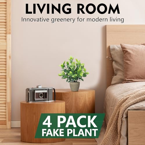 FAVOWREATH 4 Pack Fake Plants Ceramic Mini Artificial Greenery Potted Plants for Home Decor Office Decor Room Decor Farmhouse Decor Indoor Table Bathroom Decor - color: Grey