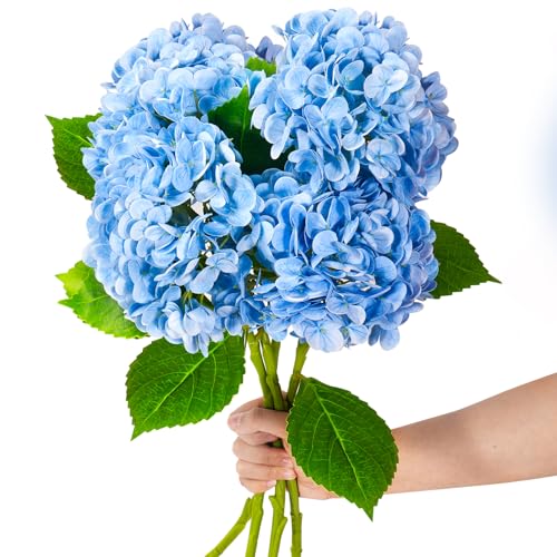 20" 4Pcs Blue Faux Hydrangea Flowers Real Touch Fake Hydrangeas Bouquet Hydrangea Artificial Flowers with Leaves Stems for Centerpiece Arrangements Wedding Party Home Décor - color: Blue