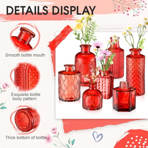 Yaomiao 30 Pcs Vases Bulk Colored Flower Glass Bud Vases Valentine Vintage Colored Glass Bottles Colorful Rustic Embossed for Home Wedding Table Decorations Gifts (Red Series) - color: Red Series
