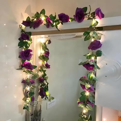 BLEUM CADE 12Pcs 98.4Ft Flower Garland Artificial Rose Vines with 98.4Ft String Lights, Cute Fake Hanging Flower Vines Floral Garland Decorations for Wedding Party Wall Room Decor Aesthetic - color: Purple With Lights, size: 12 Pcs