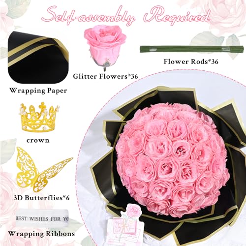 Waipfaru Pink Glitter Roses Bouquet, DIY Flowers Bouquet, Birthday Gifts for Women Mom Grandma Wife Girlfriend, 36 Pcs Fake Rose for Valentines, Mothers Day, Anniversary, Graduation Gifts - color: Pink, size: 36pcs