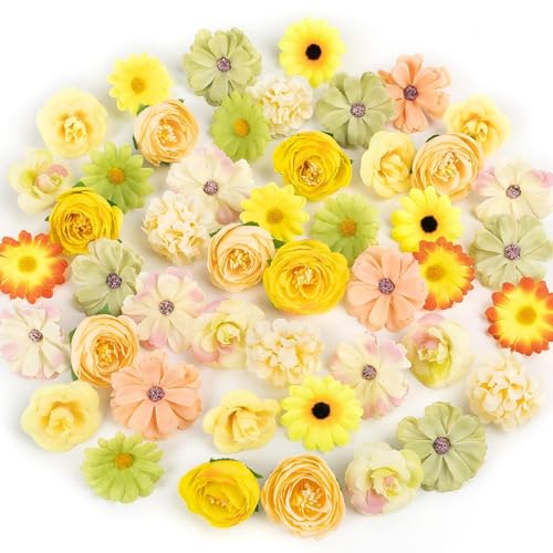 Fake Flower Heads for Crafts, 66PCS Mini Artificial Flowers Bulk, Small Silk Daisy Rose Sunflower Faux Floral Heads for DIY Hair Clips, Wedding Cake, Graduation Cap, Wreath & Party Decoration - color: Yellow