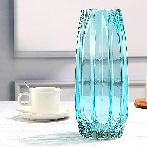 Lucky Bird Modern Ribbed Blue Glass Vase for Flowers, Candles, and Decorative Accents - Tall/Short for Centerpieces and Table Decor (12.0inch) - color: Blue, size: H-11.8inch