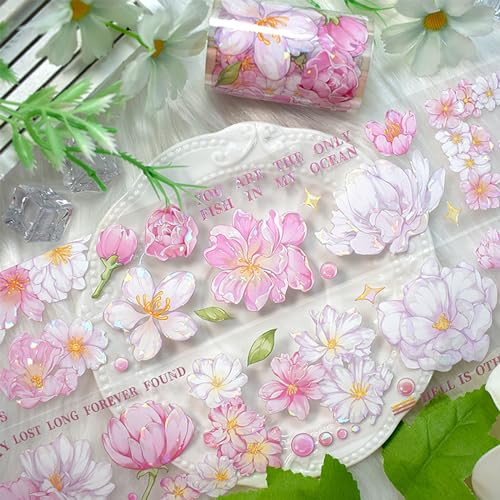 1Roll Laser Flower Wide PET Tape, Floral Decorative Transparent Tape Adhesive Crafts Tapes for DIY Journals Planners Scrapbook Supplies