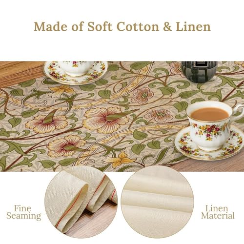 William Morris Style Floral Table Runner for Table Decor, Art Rustic Green Botanical Flower Vintage Printed for Kitchen Dining Room Farmhouse Party Holiday Decorate 13" x 36" - color: William Morris_4, size: 13"W x 36"L (Pack of 1)