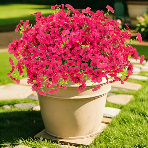 12 Bundles Artificial Flowers for Outdoor Fake Plastic Flowers Faux Plants for Decoration Hanging Planters Indoor Outside Garden Porch (Rose Red) - color: Rose Red-12 Bundles