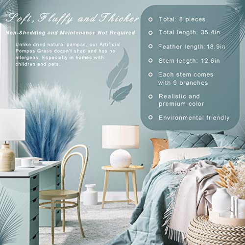 KALYLOC 8Pcs 35.4” Blue Colorful Faux Pampas Grass, Fluffy Artificial Bulrush Branches Boho Decor, Filler Tall Pampas Grass Reed Fluffy Stems for Living Room Wedding Decoration - color: Blue