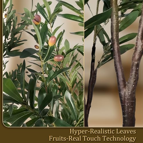 2-Pack Real Touch Faux Olive Tree with 1390 Leaves & 86 Olives, Indoor Potted Fake Plants, Nearly Natural Artificial Plants for Mediterranean Home Decor (Green, 6ft Olive) - size: 6ft Olive
