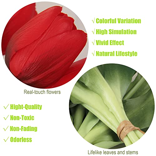 20pcs Artificial Tulip Flowers,16 Inch Real Touch Tulip Stems with Faux Leaves, Faux Tulips and Buds for Home Décor Centerpiece Ornament Wedding Bouquet,Red - color: Red