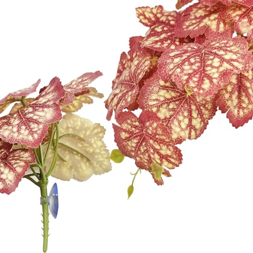 Woyrise Reptile Plants, Terrarium Hanging Plants Vines for Reptile Tank, Amphibian Habitat Leaves Decor with Suction Cup for Bearded Dragon Lizard Snake Gecko Frog Hermit Crab - 2Pcs Pink Heuchera - color: Pink Heuchera