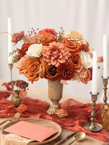 FACINOC Orange Roses Artificial Flowers Fall Fake Flower Bulk for DIY Wedding Bouquet Bridal Baby Shower Centerpiece Table Decorations Faux Floral Arrangements for Party Home Decor Cake Decorating - color: Orange, Fall Artificial Flowers