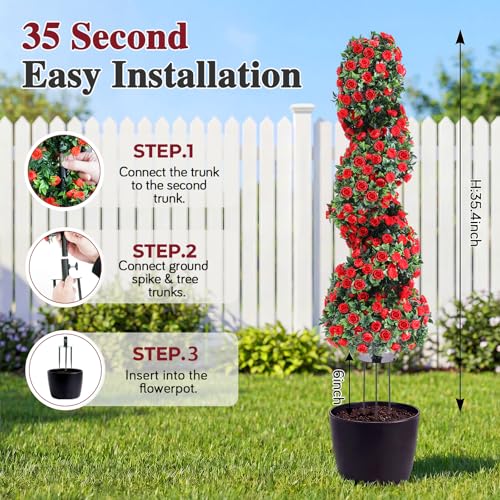 PATIO CHOICE 3ft Artificial Topiary Spiral Trees with Rose Set of 2 36" High End Outdoor Faux Plants Realistic Faux Bushes and Shrubs Decorations for Outdoor Front Porch Garden - color: Spiral Rose, size: 3ft