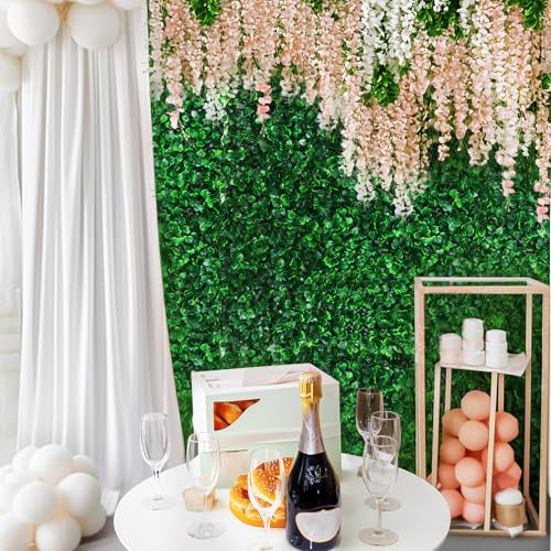 54 Pack Greenery Backdrop with Flowers Include 18 Pcs 16" x 24" Grass Wall Panels Artificial Hedge Boxwood Panels 36 Pcs 3.6 Feet Wisteria Hanging Flowers Garland for Wedding Summer(Light Pink) - color: Light Pink