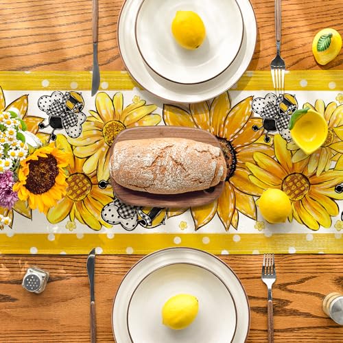 Artoid Mode Sunflower Bee Flower Polka Dot Summer Table Runner, Seasonal Kitchen Dining Table Decoration for Indoor Party Home 13x72 Inch - color: Beige-yellow, size: 13" x 72", Table Runner