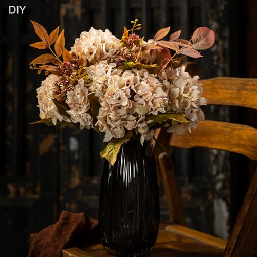 TOPIA Silk Fall Flowers Artificial Silk Dried Hydrangea Artificial Fall Flowers Dried Florals Bouquet Autumn Decorations for Office and Home (6 PCS) (Cream White) - color: Cream White