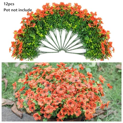 HyeFlora Artificial Fall Flowers Faux Mums for Outdoor Indoor Garden Home Decoration, Faux Flower Daisy with Eucalyptus Leaves Fake Mums Plants Greenery Boxwood Porch Patio, 12 Bundles (Orange) - color: Orange