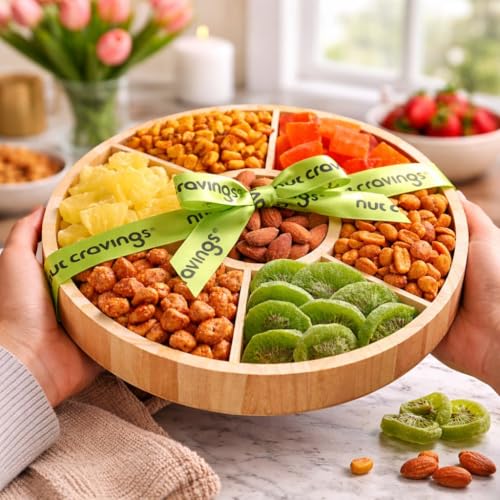 NUT CRAVINGS - Dried Fruit & Mixed Nuts Gift Basket in Reusable Round Wooden Tray + Ribbon (7 Assortments) Food Arrangement, Healthy Snack Care Package, Kosher Treats for Adults - style: 6. Dried Fruits & Nuts Round Wooden Tray