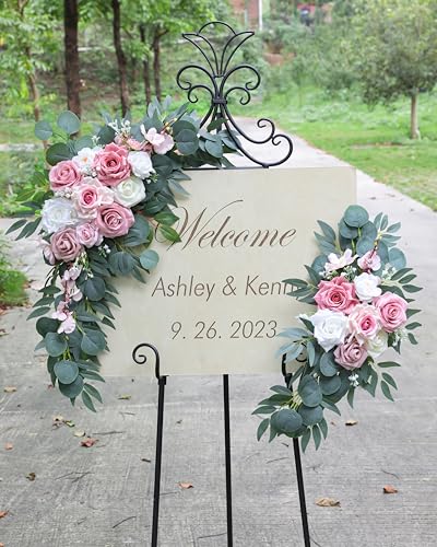 ponatia Artificial Wedding Arch Flowers Set of 2, Dusty Rose Pink & Ivory Floral Swags for Welcome Signs, Ceremony Arches, Reception Backdrops and Wedding Decor - color: Dusty Rose & Pink & Ivory
