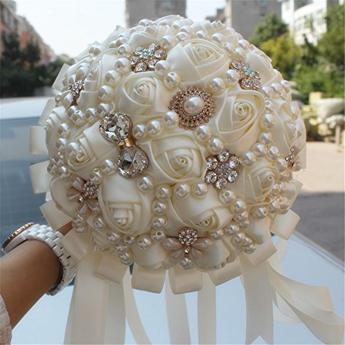 USIX Handcraft Popular Satin Rose Rhinestone Brooch Flower Pearl Bridal Holding Wedding Bouquet Wedding Flower Arrangements Bridesmaid Bouquet(Ivory) - color: Ivory