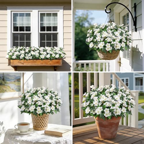 6 Pcs Artificial Flowers for Outdoors Fake Silk Periwinkle Flowers Faux Plants UV Resistant Bouquet Decorations for Planters Spring Summer Garden Porch Patio Window Box Balcony Home, White - color: White