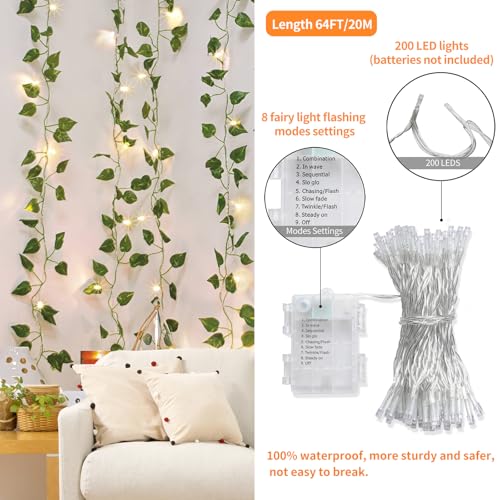 CEWOR 24 Pack 173ft Fake Ivy Vines, Artificial Ivy Garland with 200 LED String Lights, Hanging Plants Greenery Backdrop Green Leaves for Bedroom Room Wall Decor Wedding Party Table Decoration - size: F-24pcs of Vines with 200 LED lights