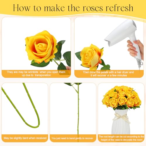 Jexine 50 Pcs Artificial Rose Flower Bulk Realistic Silk Fake Roses with Long Stem Plastic Artificial Flower Bouquet Real Looking for Home Wedding Centerpieces Party Decoration(Yellow) - color: Yellow