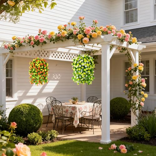 Artificial Fake Hanging Flowers for Outdoors, 2 Pcs Artificial Hanging Plants Outdoors Spring Summer Decor, UV Resistant Faux Violet Silk Flowers for Planters Front Door Yard Garden(Yellow White) - color: Yellow White