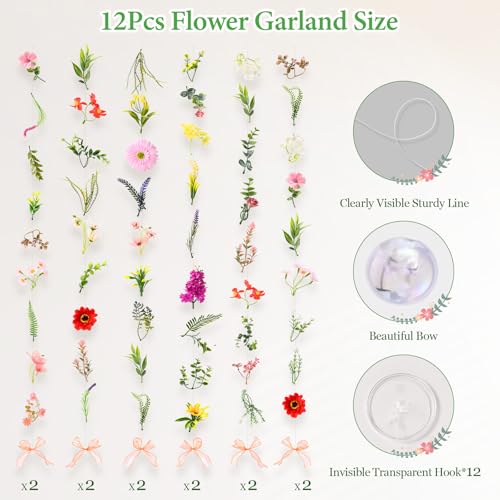 Livole 12Pcs 72Ft Hanging Flower Garland with Bow Wildflower Garlands Backdrop Silk Rose Fake Floral Vines with Hooks for Spring Party Wedding Birthday Anniversary Arch Wall Garden Decor - color: Wildflowers, size: 12Pcs